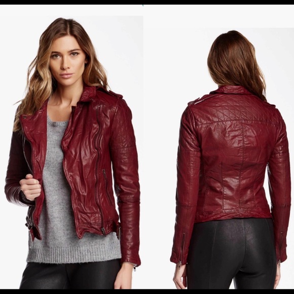 Muubaa Nido Leather Quilted Biker Jacket Deep Red - Picture 6 of 11